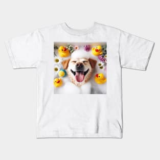 very happy dog laid back and relaxing in the bubble bath Kids T-Shirt